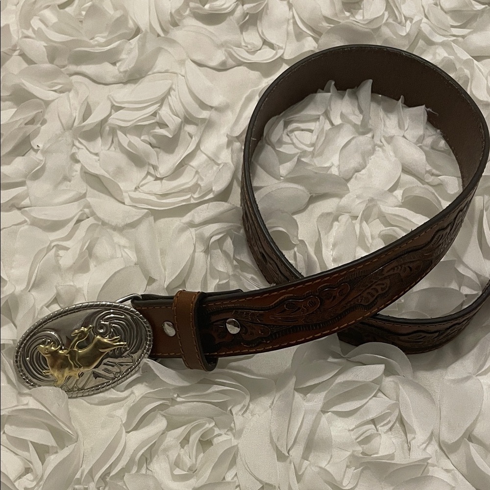 Kids Western Brown Leather Belt with Silver and Gold Buckle